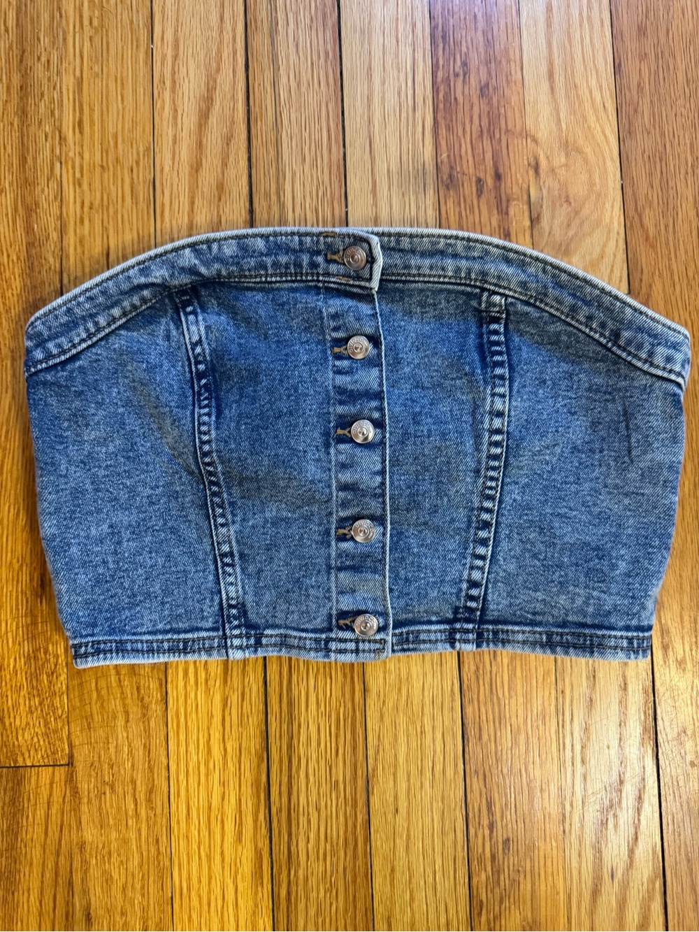 H&M Blue Denim Strapless Button-Front Corset Crop Top